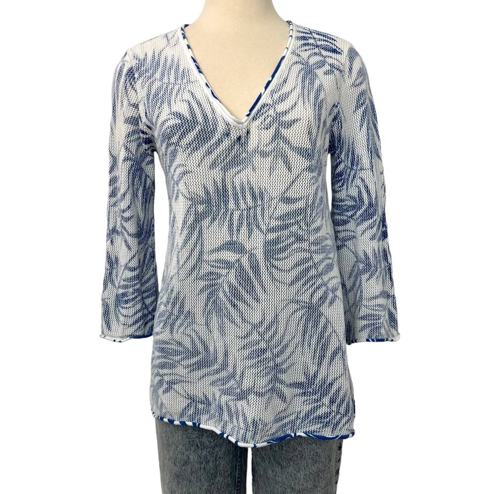 Tommy Bahama Palm Print V-Neck Sweater Pullover Cotton Blue White | Size: Medium